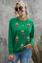 Green Sequin Nutcracker Patched Pattern Raglan Sleeve Christmas Sweatshirt