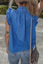 Sky Blue Frilled Neck Ruffled Armholes Buttoned Back Tank Top