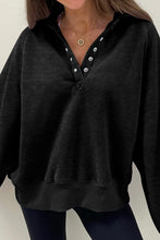 Black Solid Snap Buttons Collared Balloon Sleeve Oversized Sweatshirt