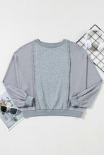 Light Grey Waffle Patchwork Long Sleeve Raw Hem Pullover Top