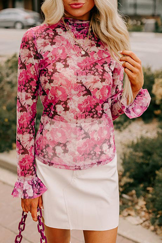 Rose Floral Mesh Flounce Sleeve Mock Neck Blouse