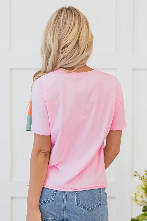 Pink Color Block Patchwork Seamed Crewneck T Shirt