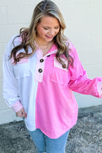 Bonbon Color Block Chest Pockets Half Button Plus Size Sweatshirt