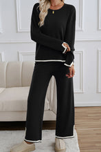 Black Contrast Trim Split Cuffs Long 2pcs Sweater Outfit Loungewear