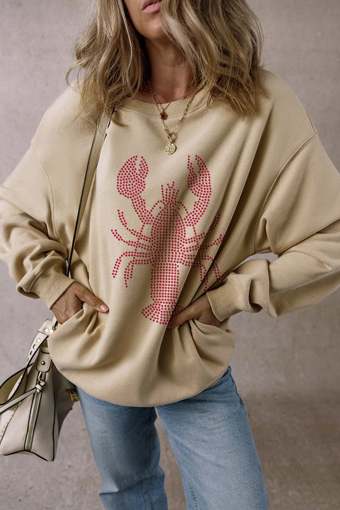 Parchment Rhinestone Crawfish Graphic Crewneck Oversized Sweatshirt