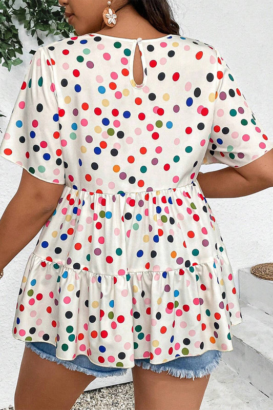 Beige Colorful Polka Dot Print Short Sleeve Ruffled Plus Size Babydoll Blouse