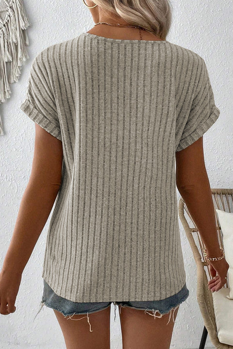 Parchment Wide Ribbed Notched V Neck Button Decor T shirt