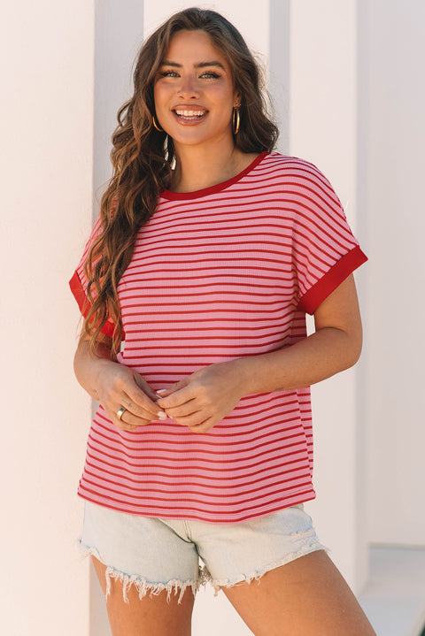 Pink Stripe Knitted Round Neck T Shirt