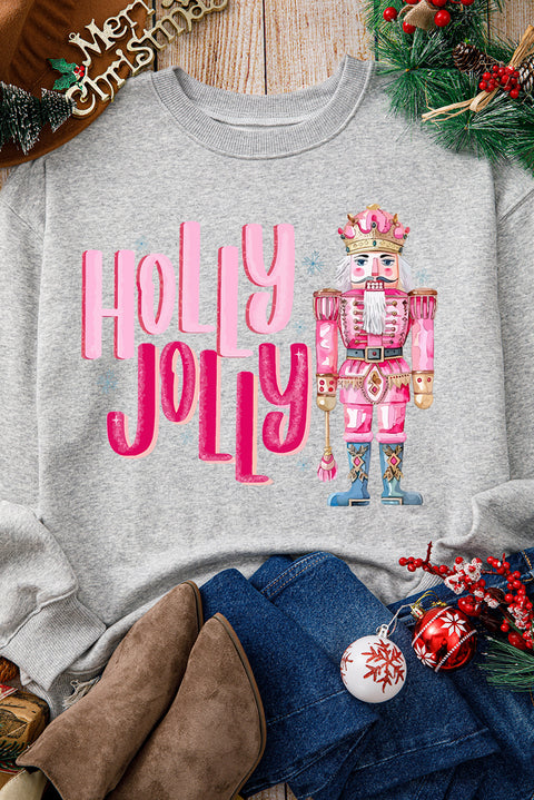 Gray HOLLY JOLLY Nutcracker Print Crew Neck Christmas Sweatshirt