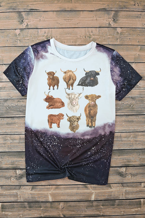 Black Western Cow Splash Ink Bleached Print Crew Neck Top