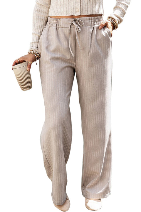 Khaki Stripe Casual Elastic Waist Loose Straight Striped Pants