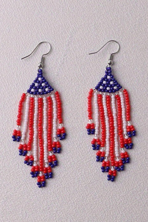 Fiery Red American Flag Beaded Fringed Hook Earrings