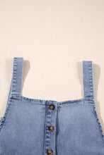 Stone Blue Washed Denim Half Buttons Patched Pocket Wide Leg Overalls