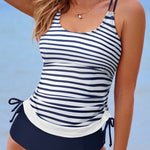 Blue Stripe Drawstring Tummy Control Mix-and-match 2pcs Tankini Swimsuit