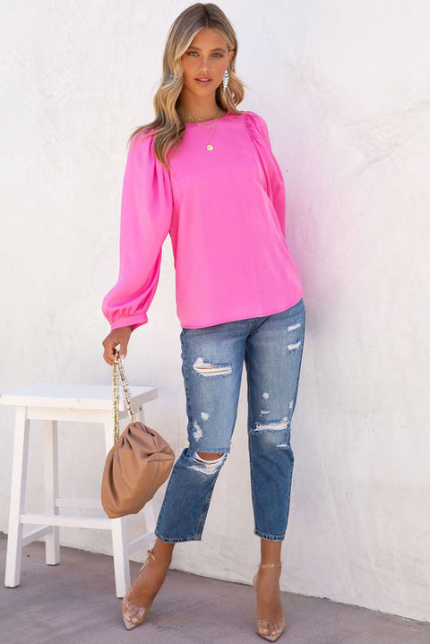 Pink Satin Puff Long Sleeve Crewneck Blouse