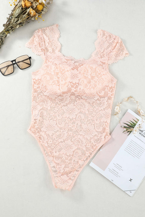 Khaki Floral Lace Scalloped Square Neck Bodysuit