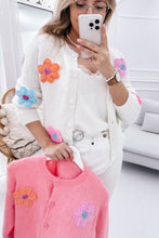 White Cute Knitted Floral Pattern Button Up Cardigan