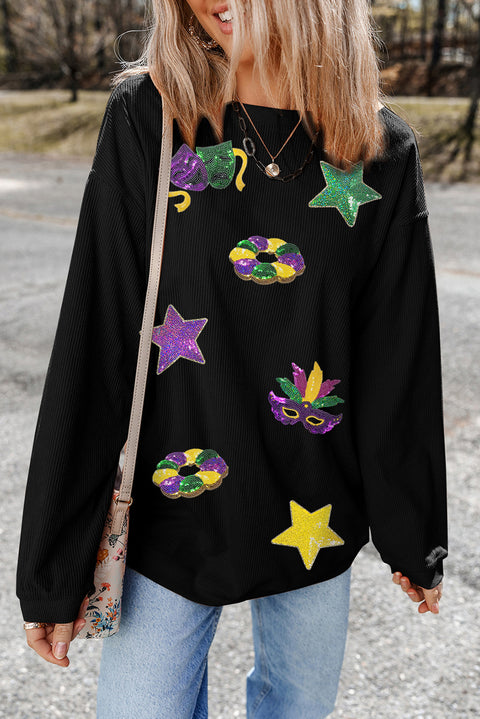 Black Sequin Star Doughnut Mask Graphic Mardi Gras Ribbed Sweatshirt