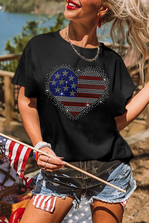 Black Rhinestone American Flag Heart Shape Graphic T Shirt