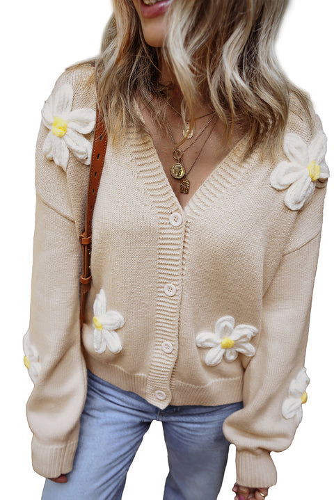 Parchment Elegant Flower Decor Button Front Cardigan