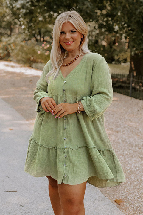 Green Textured Ruffled Buttoned V Neck Plus Size Mini Dress