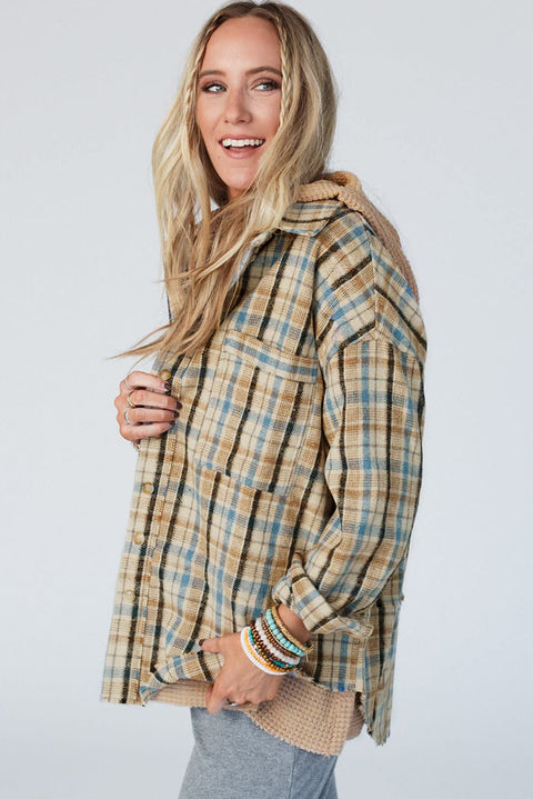 Ashleigh Blue Waffle Knit Patchwork Hooded Plaid Shacket