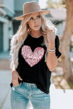 Black Valentine Sequin Heart Shaped Crew Neck T Shirt