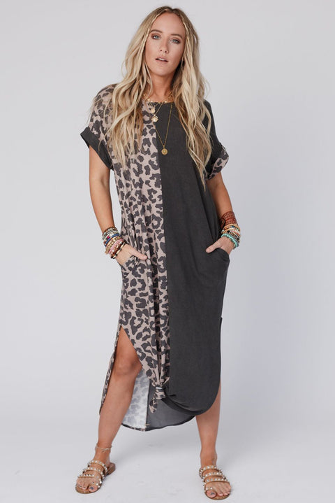 Contrast Solid Leopard Short Sleeve T-shirt Dress with Slits