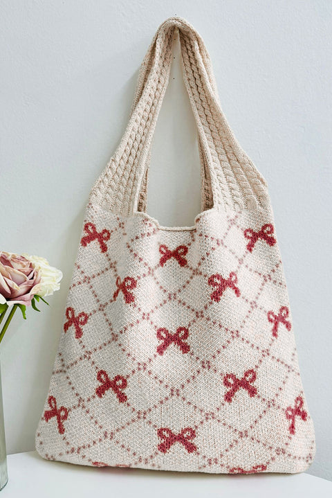 Fiery Red Bow Argyle Pattern Cable Knit Handle Tote Bag