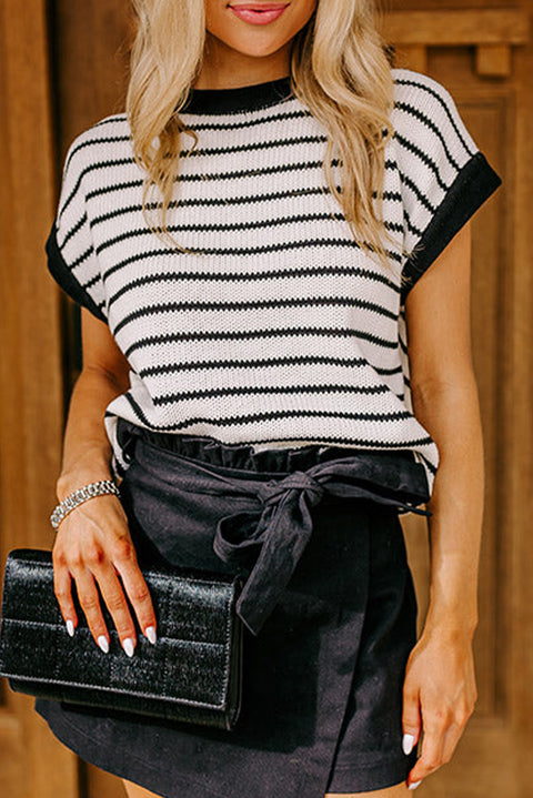 Black Stripe Loose Knit Short Sleeve Sweater