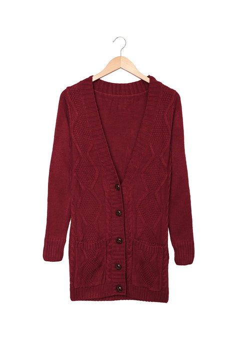 Burgundy Front Pocket and Buttons Closure Cardigan