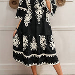 Black Western Geometric Print 3/4 Sleeve Loose Midi Dress