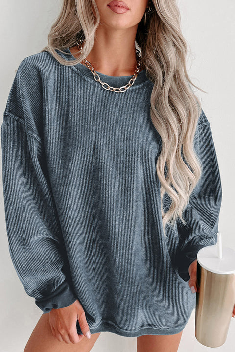 Gray Solid Ribbed Knit Round Neck Pullover Sweatshirt