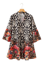 Black Retro Floral Mixed Print Split Neck A-line Dress