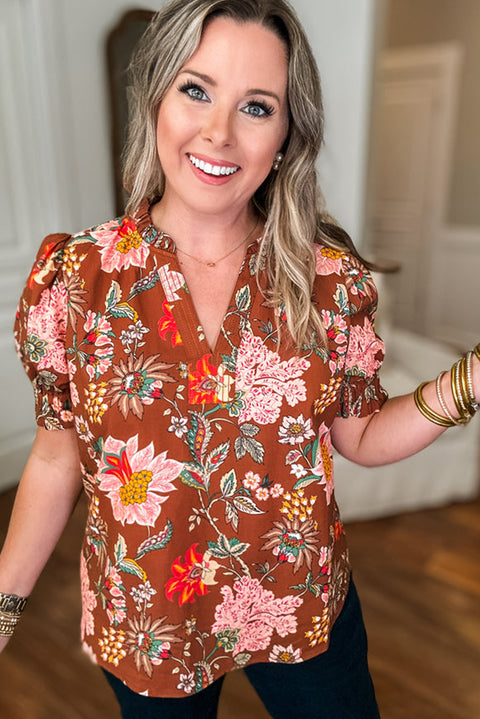 Brown Floral Stitched V Neck Frilled Trim Puff Short Sleeve Blouse