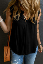 Black Button Split Neck Ruffled Trim Tank Top