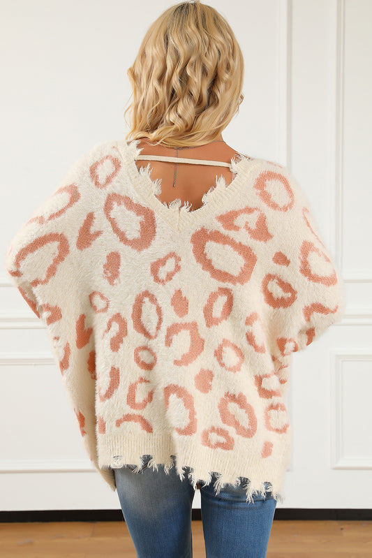 Leopard Animal Print Distressed Trim Fuzzy Sweater