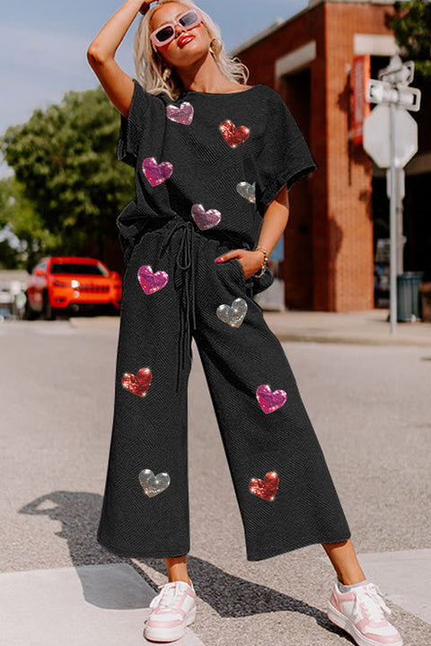 Black Shiny Heart Popping Graphic Textured 2pcs Outfit