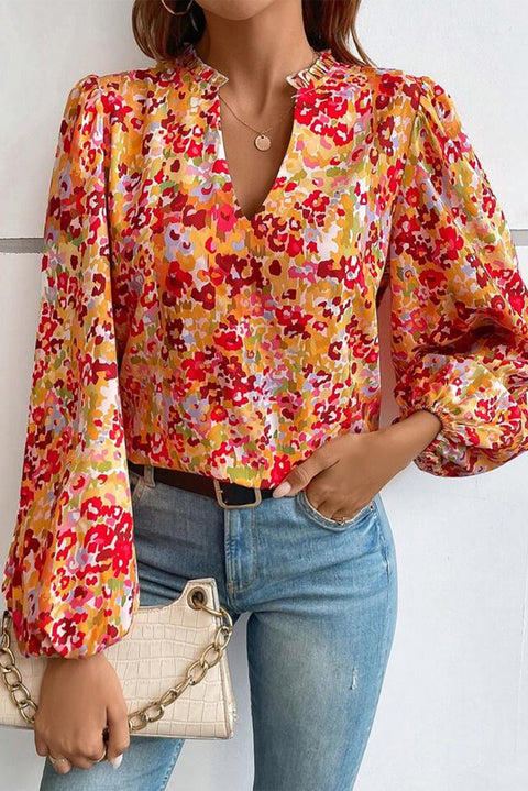 Grapefruit Orange Frilled Split Neck Bubble Sleeve Floral Blouse