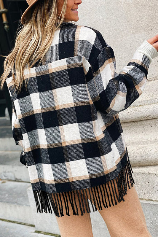 Black Plaid Snap Button Pocket Fringed Hem Jacket