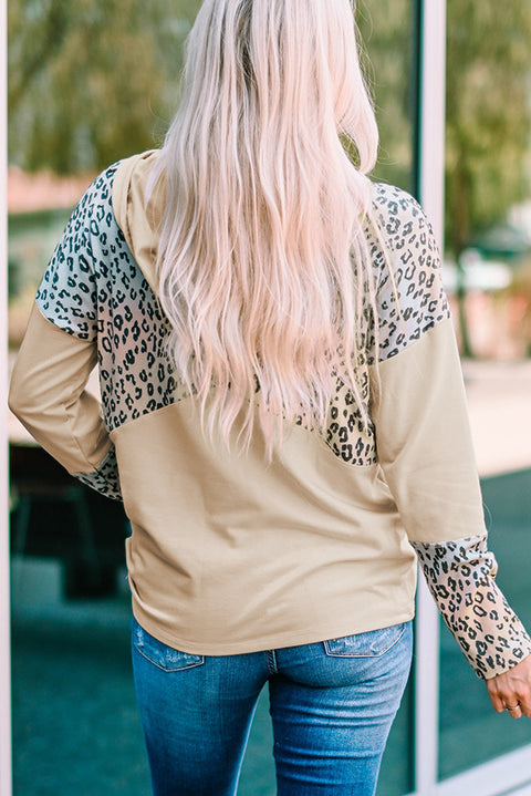 Leopard Patchwork Buttons Hooded Sweatshirt with Pocket