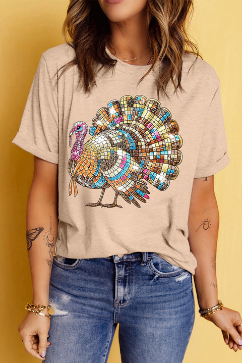 Khaki Thanksgiving Turkey Print Round Neck T Shirt