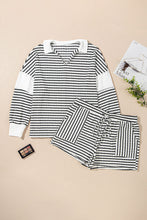 Black Stripe Collared V Neck Long Sleeve Top Plus Shorts Set