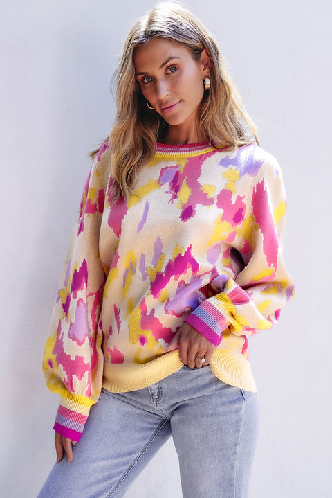 Khaki Abstract Print Colorblock Balloon Sleeve Sweater