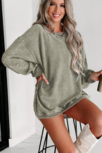 Gray Solid Ribbed Knit Round Neck Pullover Sweatshirt