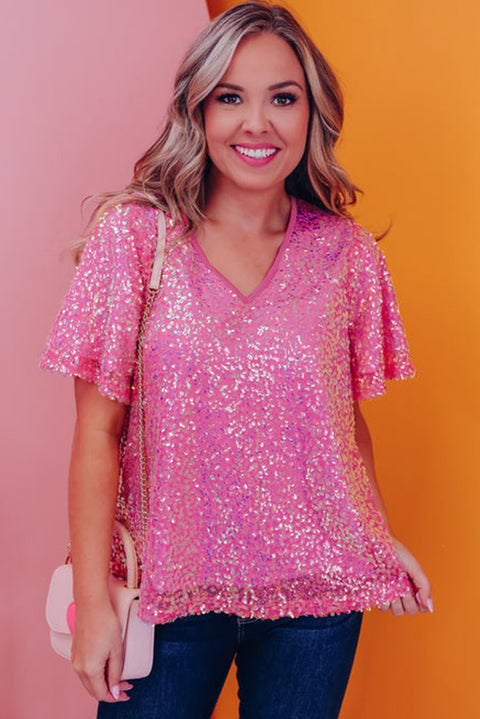 Bonbon  V Neck Wide Sleeve Sequin Top