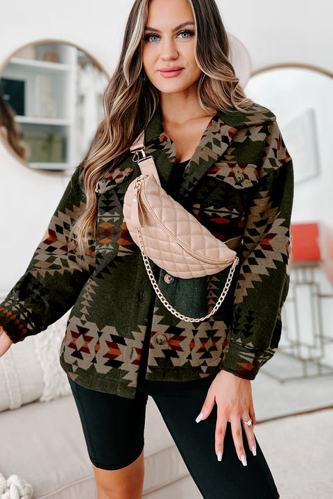 Green Aztec Print Flap Pockets Long Sleeve Shacket