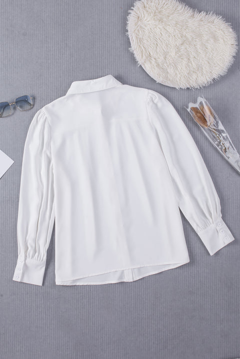 Solid Color Button Up Puff Sleeve Blouse