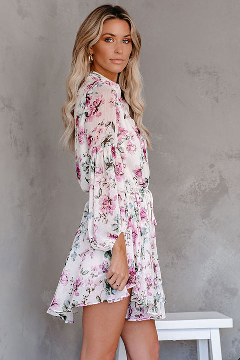 Vintage Floral Print Drawstring Flowy Dress