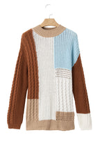 Khaki Mix Textured Knit Colorblock Patchwork Sweater